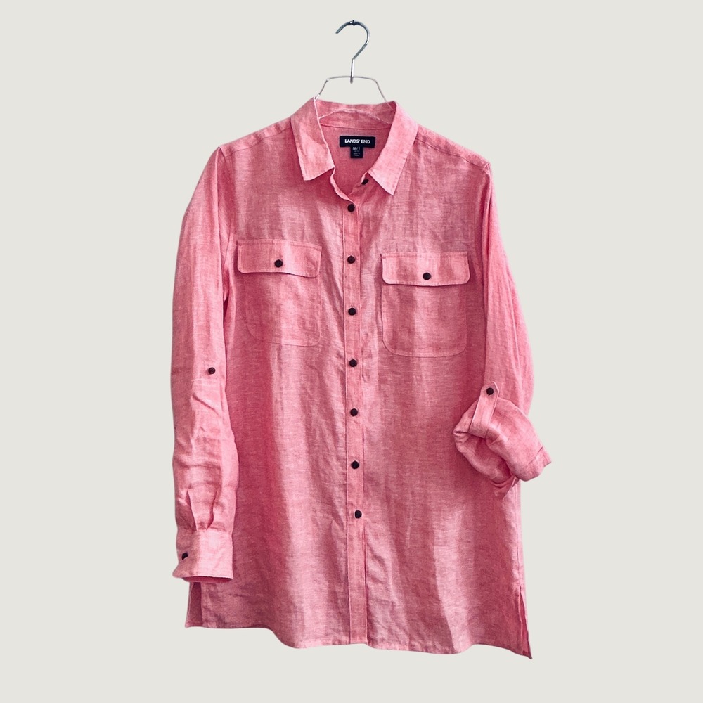 Lands End Womens Pink 100% Linen Button Up Tunic Shirt Roll Tab Sleeve Size M/T
